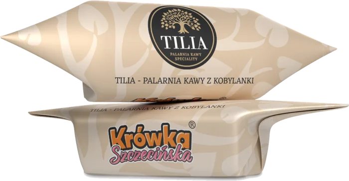 Krówka z logo firmy Tilia — Palarnia Kawy z Kobylanki